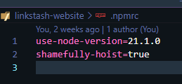 Screenshot of my .npmrc file with “shamefully-hoist=true” enabled